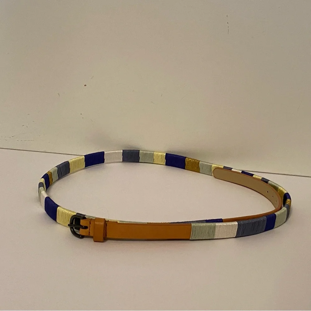 J. CREW BELT SKINNY TAN LEATHER MULTI COLOR WHITE BLUE GREEN THREAD WRAP SIZE L
